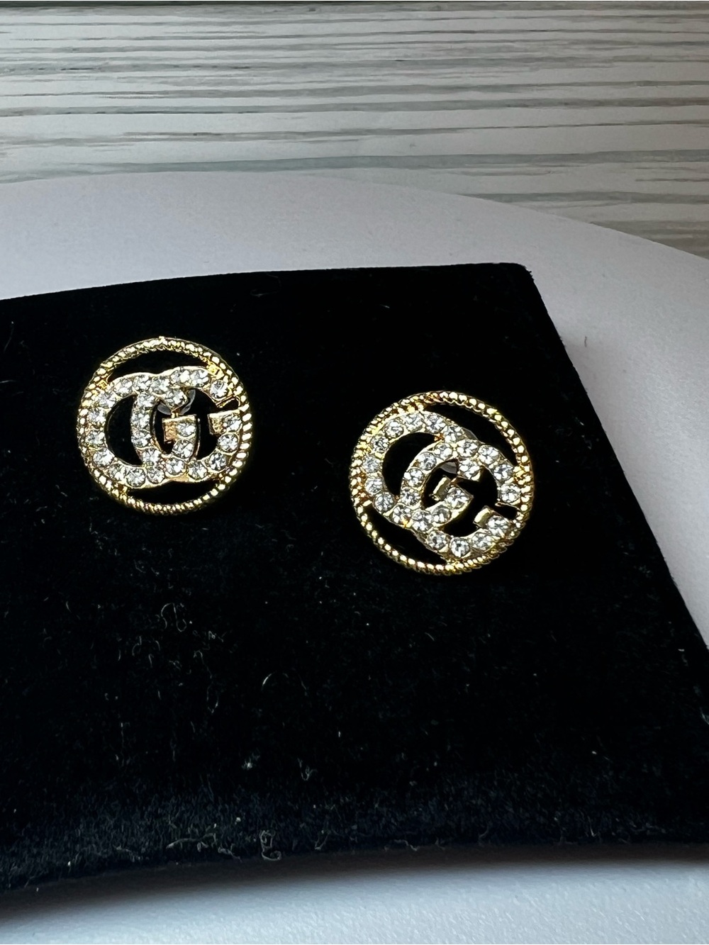 Designer inspired GG gold tone rhinestone stud earrings